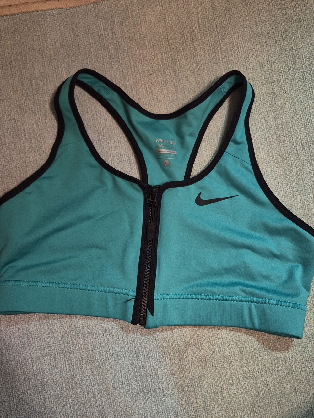 Nike Teal Front-Zip Racerback Sports Bra with Black Trim